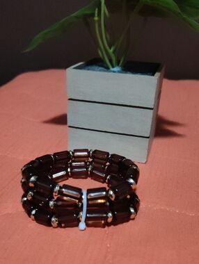 Unbranded Brown Beaded Stretch Bracelet with Gold Accents